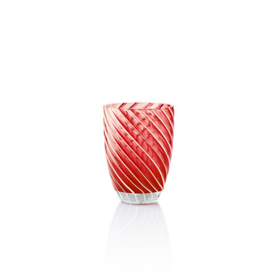 1 bicchiere tumbler basso a sfera soffiato a mano turbinio iridescente  rosso/bianco -  Italia